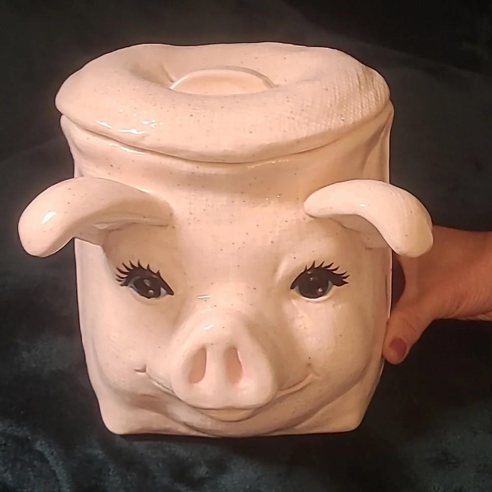 Vintage Pink Ceramic Pig cookie jar two pieces